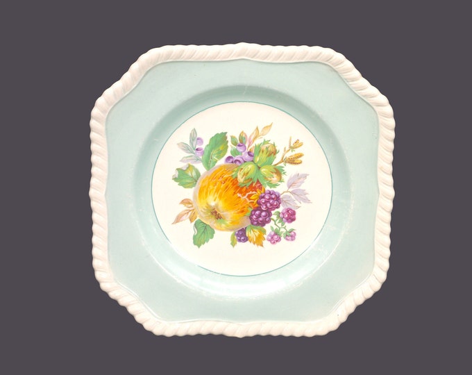 Johnson Brothers California square salad plate made in England. Aqua rim with apple, berries.