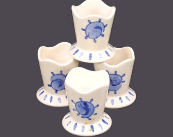 Vintage Blue & White Egg Cups - Hand-Painted Sun Motif - Portugal 1960s - Set of 4