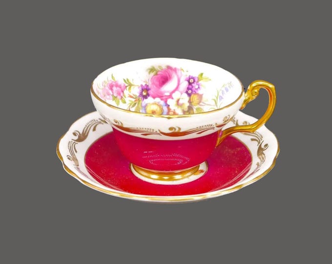 Foley 3583 hand-decorated maroon and roses wide-mouth tea set. Bone china made in England.