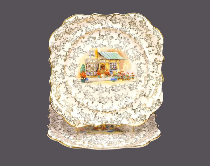 Pair of Lancaster Sandland LSA3 The Posy Shop gold chintz square salad plates made in England.