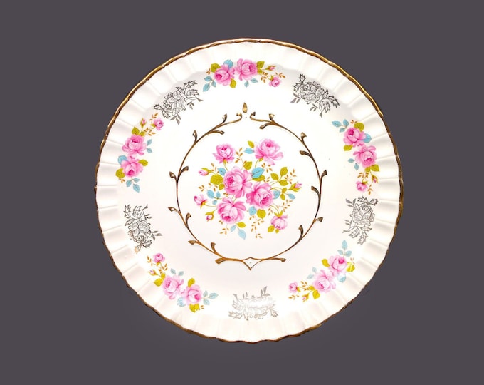 Wood & Sons Avon dinner plate. Pink roses, blue flowers, embossed gold scrolls. Alpine White Ironstone made in England.