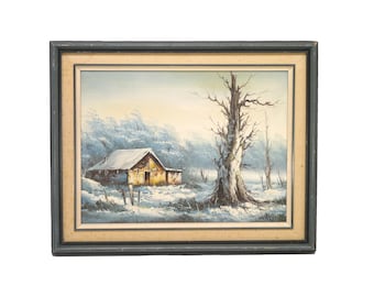 Original signed oil on canvas painting by artist Samuil. Cabin in winter landscape. Framed.