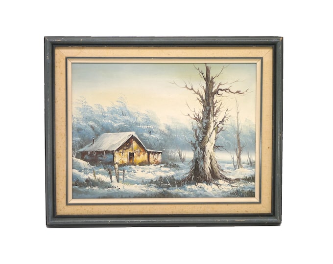 Original signed oil on canvas painting by artist Samuil. Cabin in winter landscape. Framed.