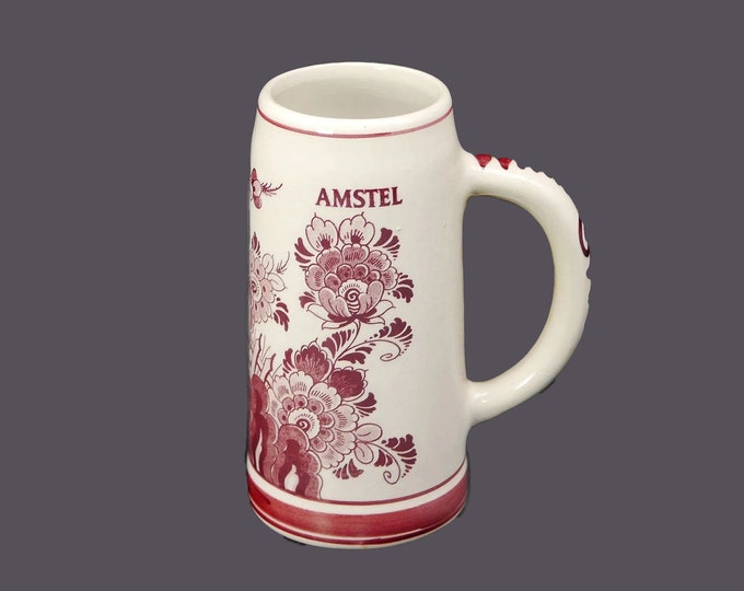Delftsche Huys Red Delft Amstel beer pint stein | tankard. Hand-painted red Delft florals made in Holland. Flaw (see below).