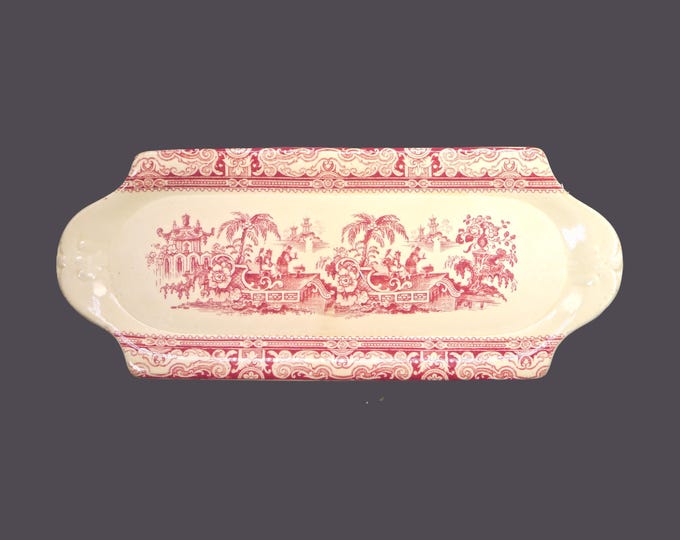 Antique William Adams Kyber Red lugged bread, cranberry tray made in England. Chinoiserie pagoda scenes. Flaws.