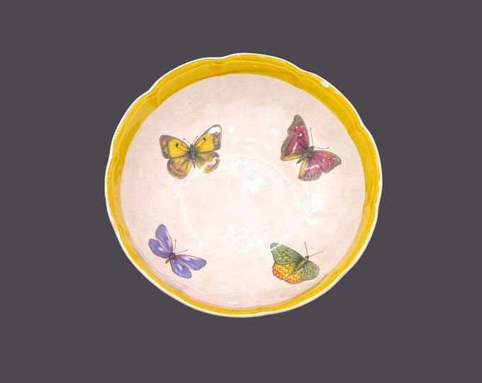 Ceramica Due Torri round salad or pasta serving bowl. Made in Italy. Butterflies, yellow border band. Flaw (see below).