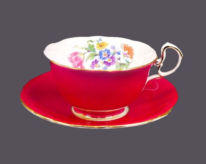 Aynsley 332X maroon and florals wide-mouth cup and saucer set. Bone china made in England.