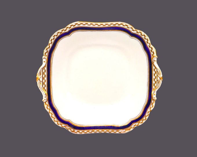 Antique Victorian-era John Aynsley 15728 hand-decorated cobalt and gold lugged cake or cookie serving plate made in England.
