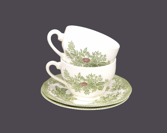 Pair of Wedgwood Kent Green Multicolor cup and saucer sets. Green transferware made in England.