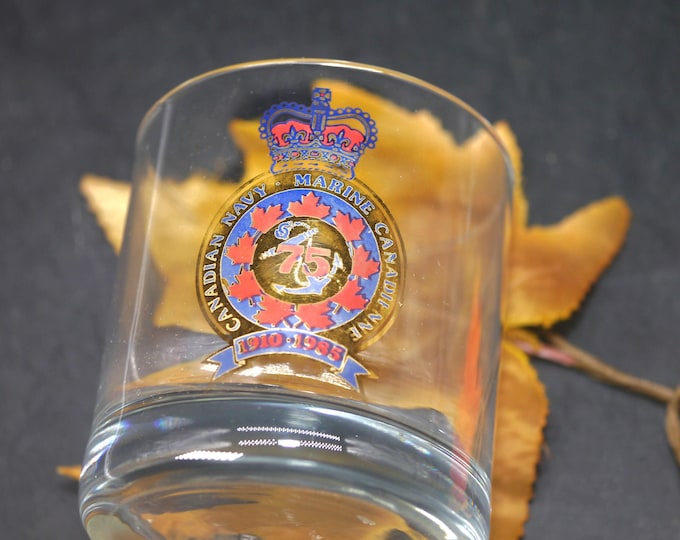 Canadian Navy 75th year 1985 anniversary lo-ball, whisky, on-the-rocks glass. Royal Canadian Navy seal, emblem.