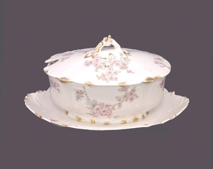 Antique art-nouveau era CH Haviland GDA Limoges covered sauce boat | gravy boat with attached plate. Pink flowers, gold daubs, vines.