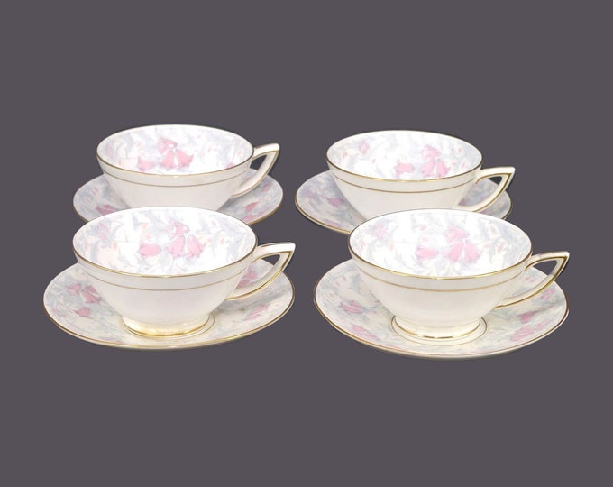 Four Minton The Debutante | Debutante Gray S295 wide-mouth cup and saucer sets. Bone china made in England.