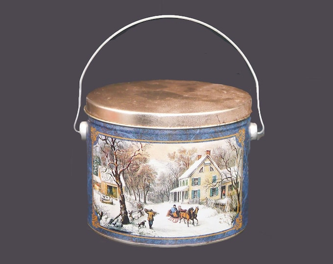 Currier & Ives American Homestead Winter metal handled bucket | tin made in the USA.