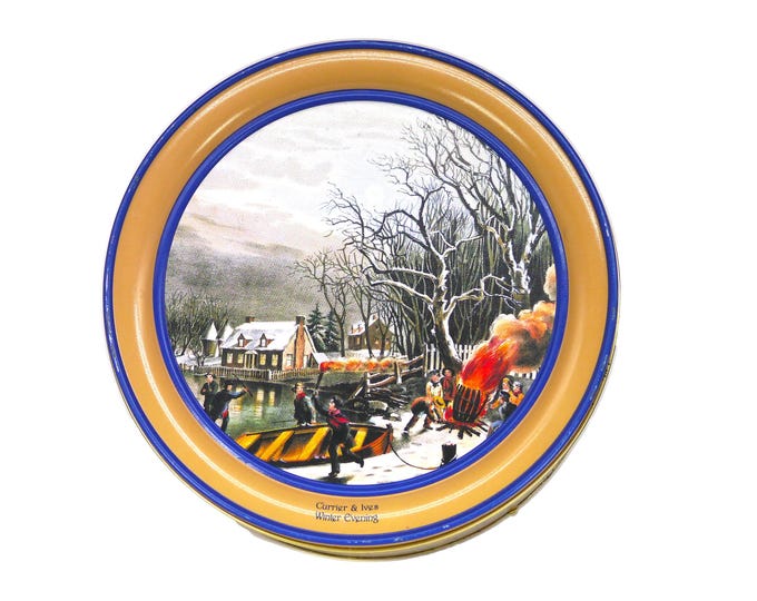 Vintage Currier & Ives Winter Evening round Christmas cookie or biscuit tin.
