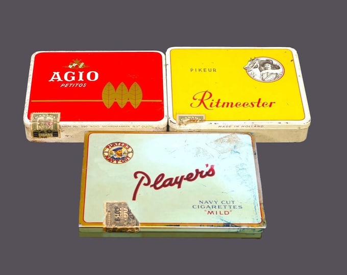 Vintage cigarette cigar tins. Agio Petitos, Ritmeester, Player's Navy Cut. Original duty seals. 3 tins
