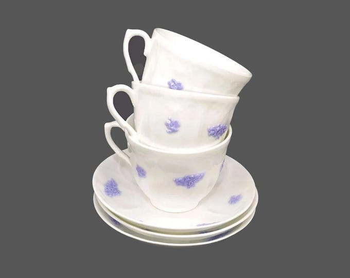Three Adderley Chelsea cup and saucer sets. Bone china made in England. Minor flaw (see below).