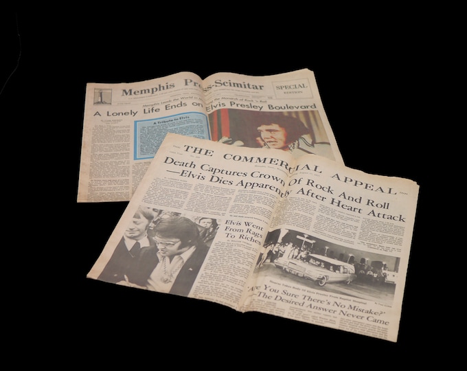 Pair of vintage (August 1977) Death of Elvis Presley original newspapers. The Commercial Appeal Memphis, Memphis Press Scimitar.