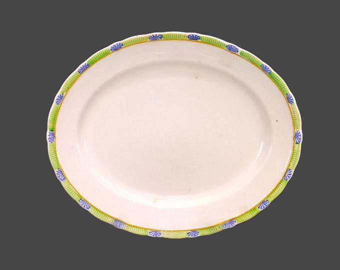 Hollinshead Kirkham | H&K Tunstall art-deco era oval serving platter. Blue shell design embossed stripes made in England.