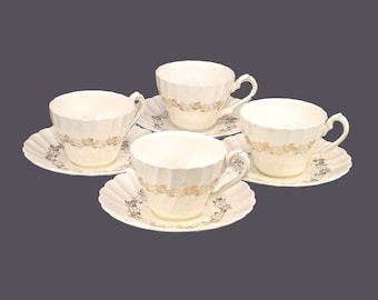 Vintage Myott Golden Wreath Cup and Saucer Sets: Olde Chelsea, England (Set of Four)