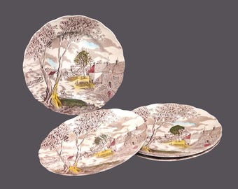 Four Grindley Sunday Morning Brown Multicolor transferware dinner plates made in England.