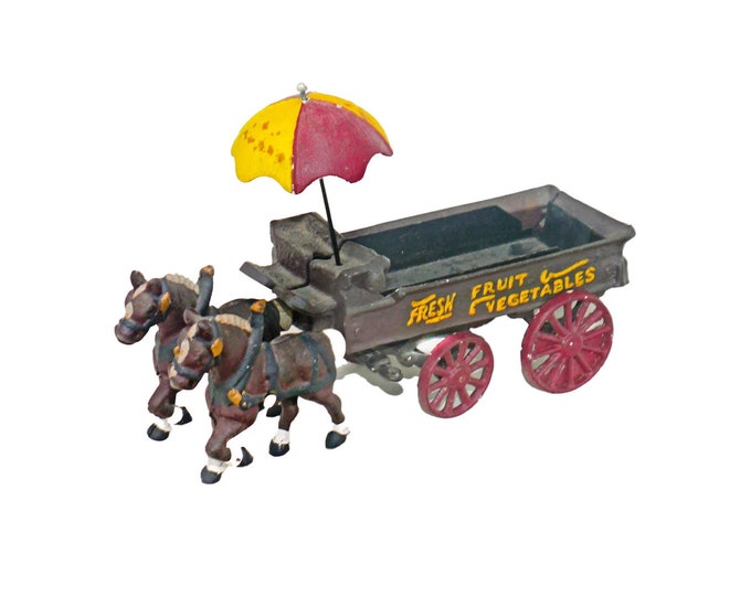 Cast-iron horse cart umbrella Farm-Fresh Fruit Vegetables Groceries. Attributed mid-century Kenton Toys.