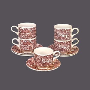 Five Churchill China Swan Inn Brown transferware cup and saucer sets made in England. Coaching scene.