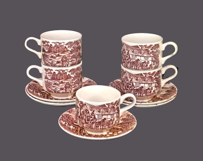 Five Churchill China Swan Inn Brown transferware cup and saucer sets made in England. Coaching scene.