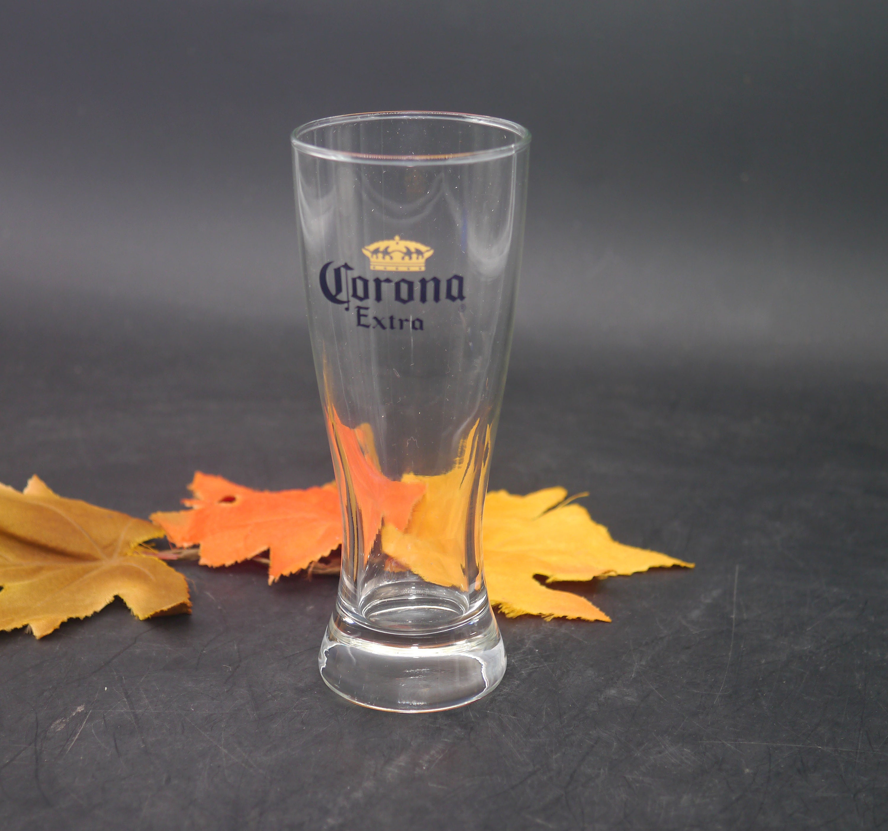 Corona Extra pint beer glass. Etched-glass branding.