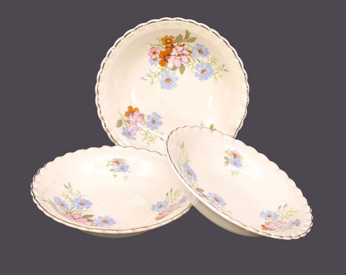 Three antique Edwardian Age J&G Meakin Peveril fruit nappies, dessert bowls. Sol Sunshine ironstone made in England.