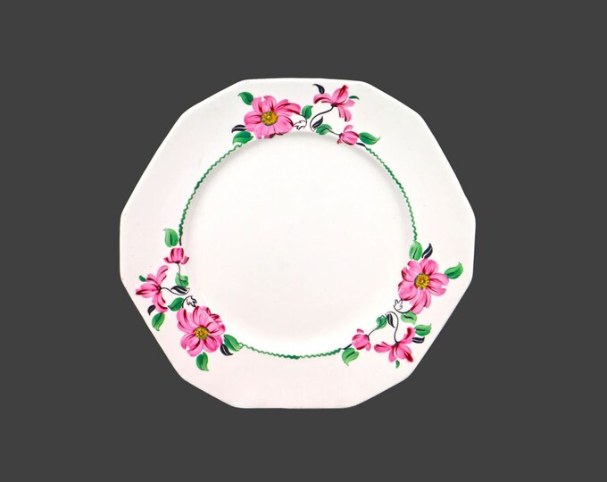 Antique Alfred Meakin multi-sided salad plate. Hand-painted pink flowers, greenery. Made in England