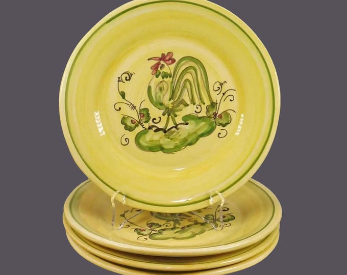 Four Good Luck Rooster 938 salad plates. Hand-painted multi-motif rooster made in Portugal.