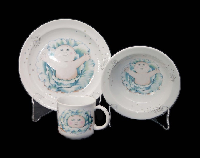 Three-piece set of vintage (1984) Royal Worcester Cabbage Patch Kids baby | child dishes. Mug, bowl, plate. Made in England.