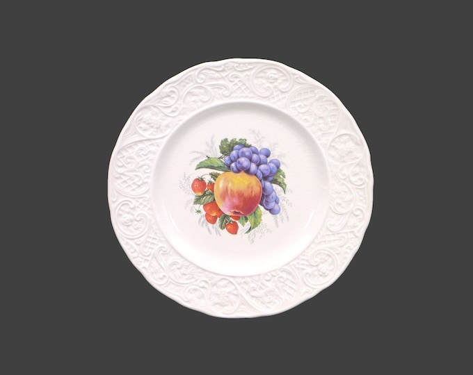 Simpsons Potters SIM14 luncheon plate. Marlborough Old English Ironstone made in England. Central peach and berries, embossed rim.