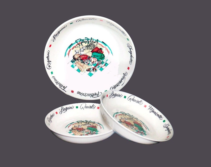 Three-piece pasta bowl set. Large serving bowl, two individual pasta bowls. Pasta wording, vegetables.