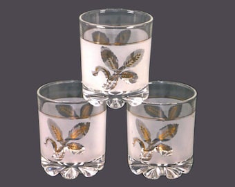 Three mid-century Covetro whisky | lo ball | on-the-rocks | old-fashioned glasses made in Italy. Etched-glass golden leaves.