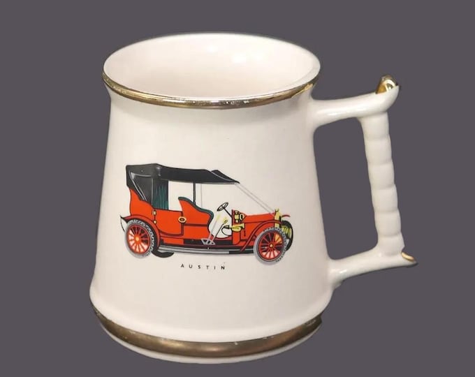 Prince William Pottery auto car tankard | stein featuring a vintage, red Austin car. Made in England.