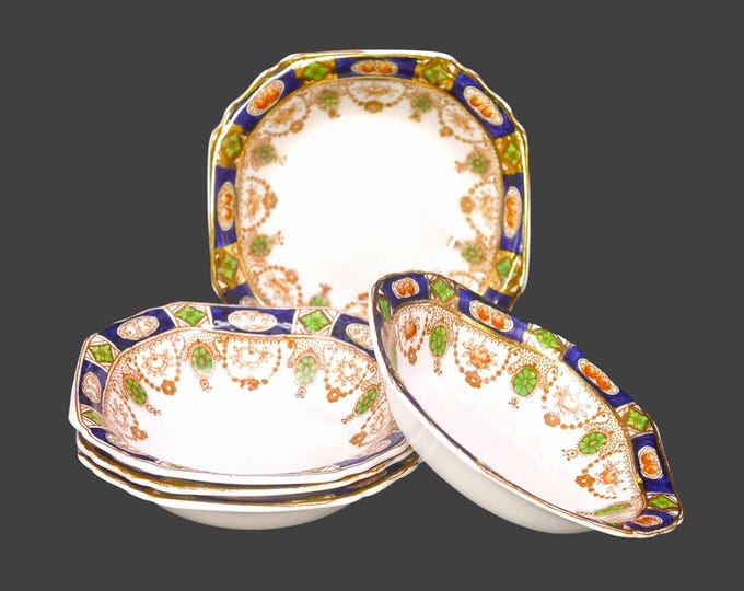 Five antique Thomas Hughes & Son Imperial Derby square, rimmed fruit nappies, dessert bowls. Imari-style tableware made in England. Flaws.