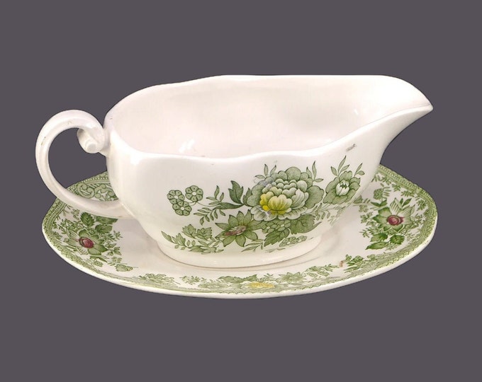 Wedgwood Kent Green Multicolor gravy boat with under-plate. Green transferware made in England.