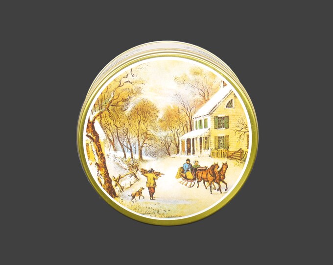 Currier & Ives American Homestead Winter round cookie or biscuit tin.