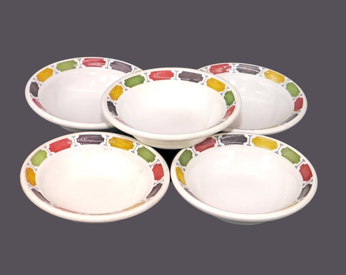 Five retro Grindley Carnival rimmed fruit nappies, dessert bowls. Duraline hotelware made in England.