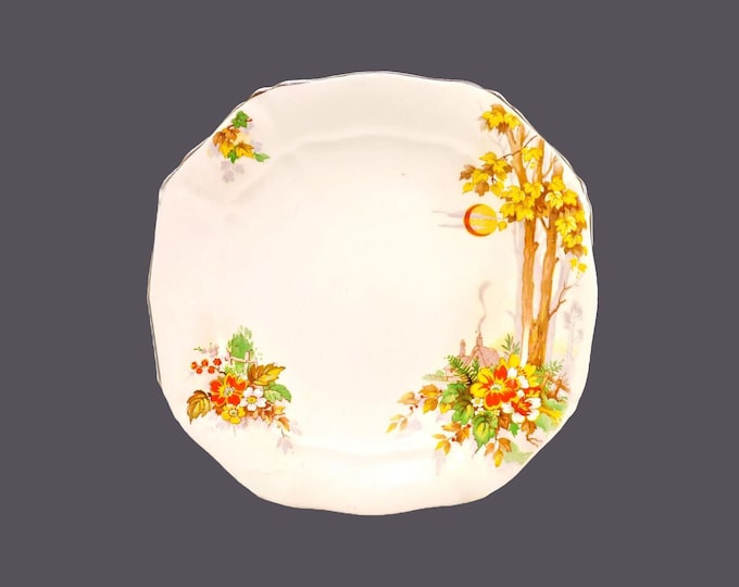 Antique Edwardian Age Alfred Meakin square luncheon plate made in England. Red crescent moon, tree, red yellow flowers.