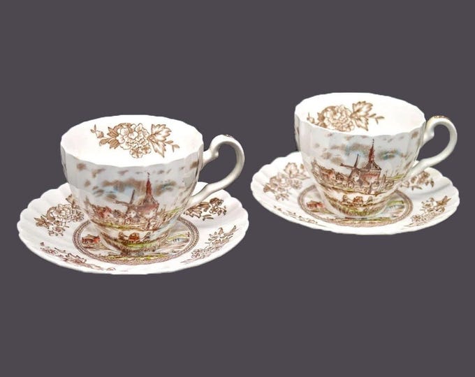 Pair of Johnson Brothers Tulip Time Brown Multicolor cup and saucer sets made in England.