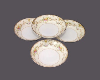 Four Meito hand-painted Nippon fruit nappies, dessert bowls made in Japan. Tan scrolls, floral sprays.