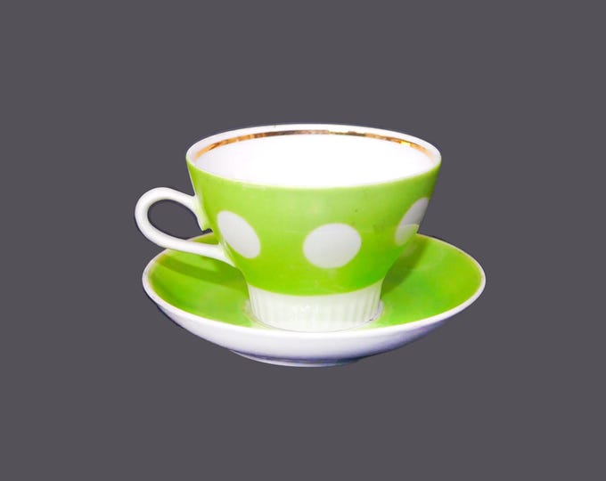 Riga Porcelain Factory green white polka dot cup and saucer set made in USSR.
