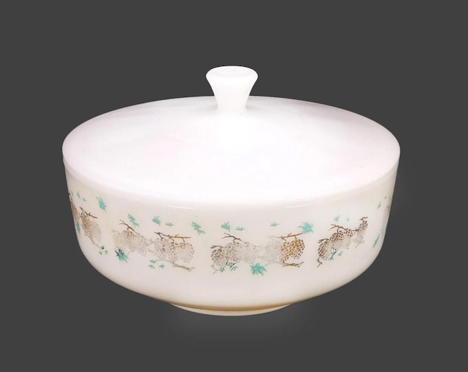 Atomic Age Federal Glass round covered serving bowl. Golden pinecones, turquoise splashes. Milk glass made in USA. Flaws (see below).