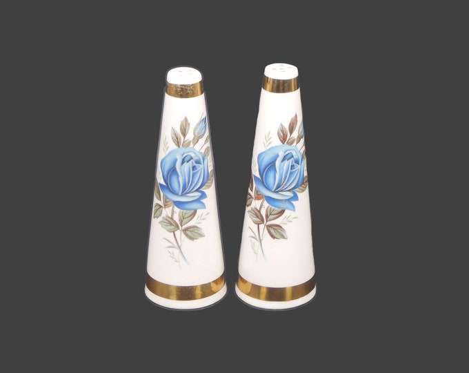 Pair of Royal Stuart | Spencer Stevenson RSE3 | RS963 bone china salt and pepper shakers. Blue roses, gold bands. Made in England.