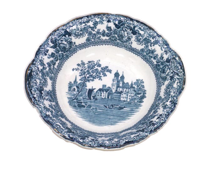 Antique Victorian-era Colonial Pottery | Winkle & Wood Togo round, lugged flow-blue serving bowl made in England. Minor flaw (see below).