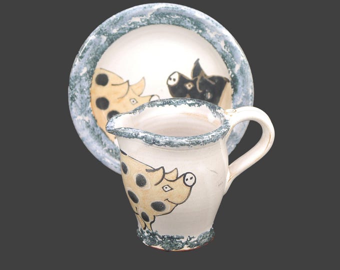 Annette McCourty Dumfries & Galloway Barnbarroch Pottery pig and sow creamer and under-plate made in Scotland.