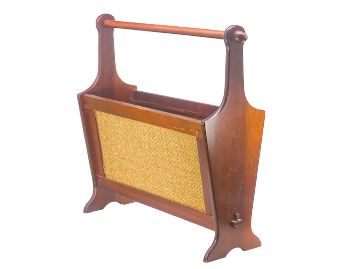 MCM solid wood and rattan handled magazine | newspaper holder, magazine butler. Dowel joints. Flaws.