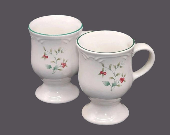 Pair of Pfaltzgraff Winterberry stoneware pedestal coco | hot chocolate mugs made in the USA.